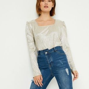 BRAND NEW!‎ Shiny, Puff Shoulder and Long Sleeved, Almost Square Neck, Beige Top